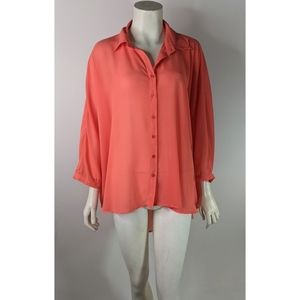 Chiffon High Low Orange Blouse M 3/4 Sleeves Semi Sheer